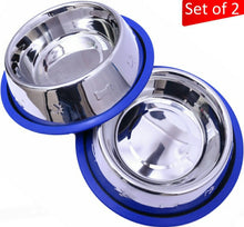 Load image into Gallery viewer, Etched Stainless Steel Dog Bowls with Blue Silicone Base

