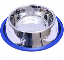 Load image into Gallery viewer, Etched Stainless Steel Dog Bowls with Blue Silicone Base
