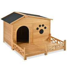 Load image into Gallery viewer, 48 Wooden Dog House Outdoor With Porch, Dog Kennel With Water-Resistant Asphalt Roof And Fencing,Indoor &amp; Outdoor Dog Crate With Paw Print, Medium, Nature
